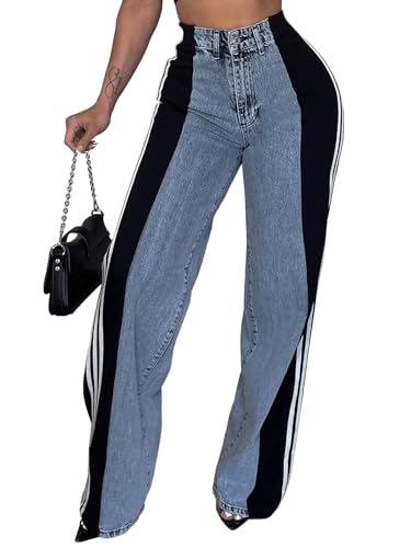 Rfm Jeans - Angsuttc Womens Jeans with Patchwork Stripes High Waist Loose Denim Color Block Jean Straight Wide Leg Pants Black