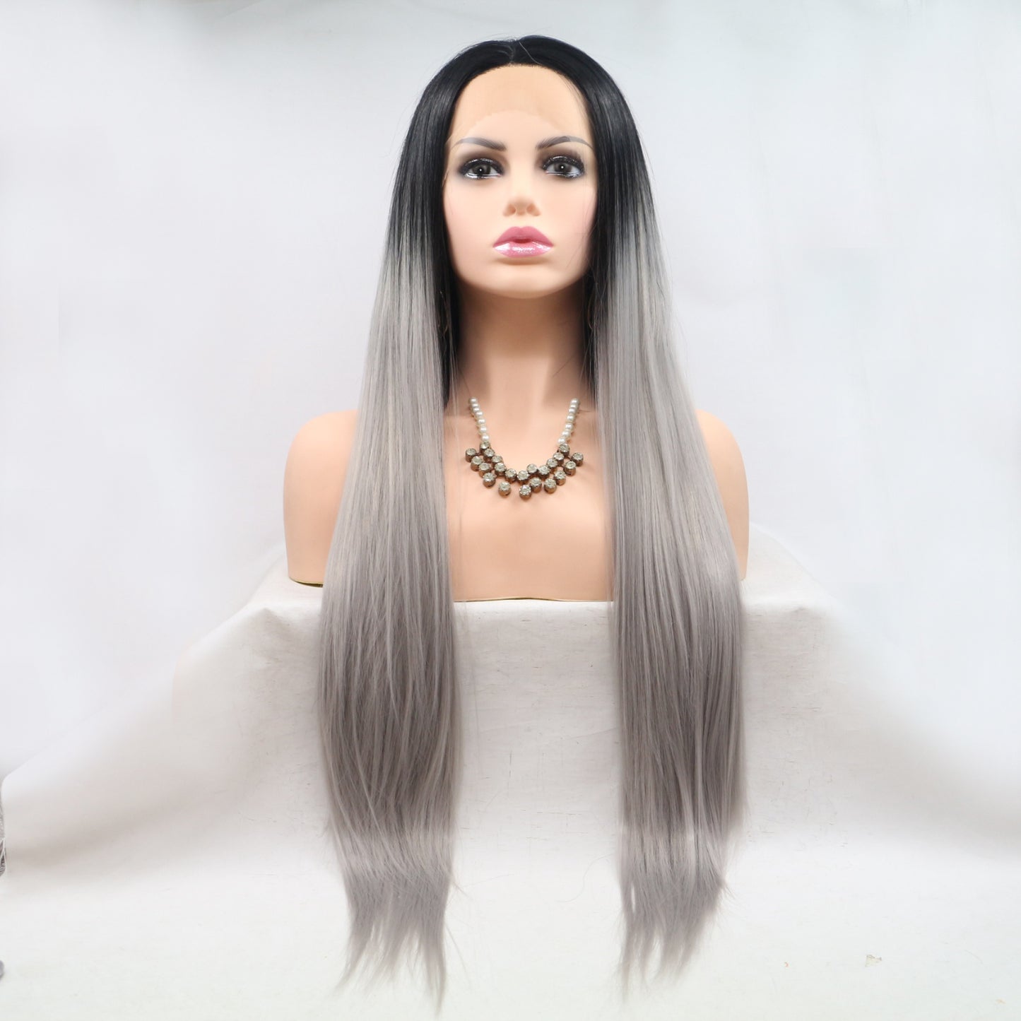 24" Long Straight Lace Front Wig Black Grey One Size