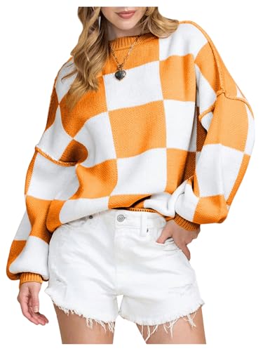 Orange and White Checkered Sweater - SOLY HUX Sweaters for Women Plaid Checkered Print Drop Shoulder Bishop Long Sleeve Pullover Tops