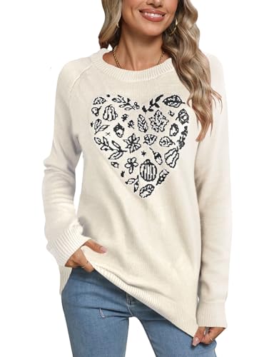 Heart Shirt - shermie Womens Pullover Sweaters Long Sleeve Crew Neck Cute Heart Knitted Casual Sweater H 156 Beige