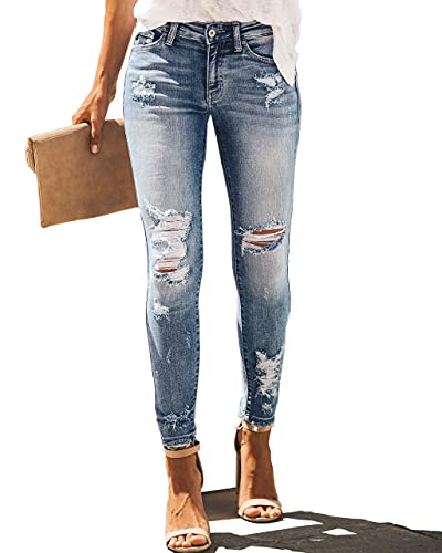 Rfm Jeans - Allimy Womens High Rise Skinny Stretch Ripped Jeans High Waisted Destroyed Denim Pants Blue