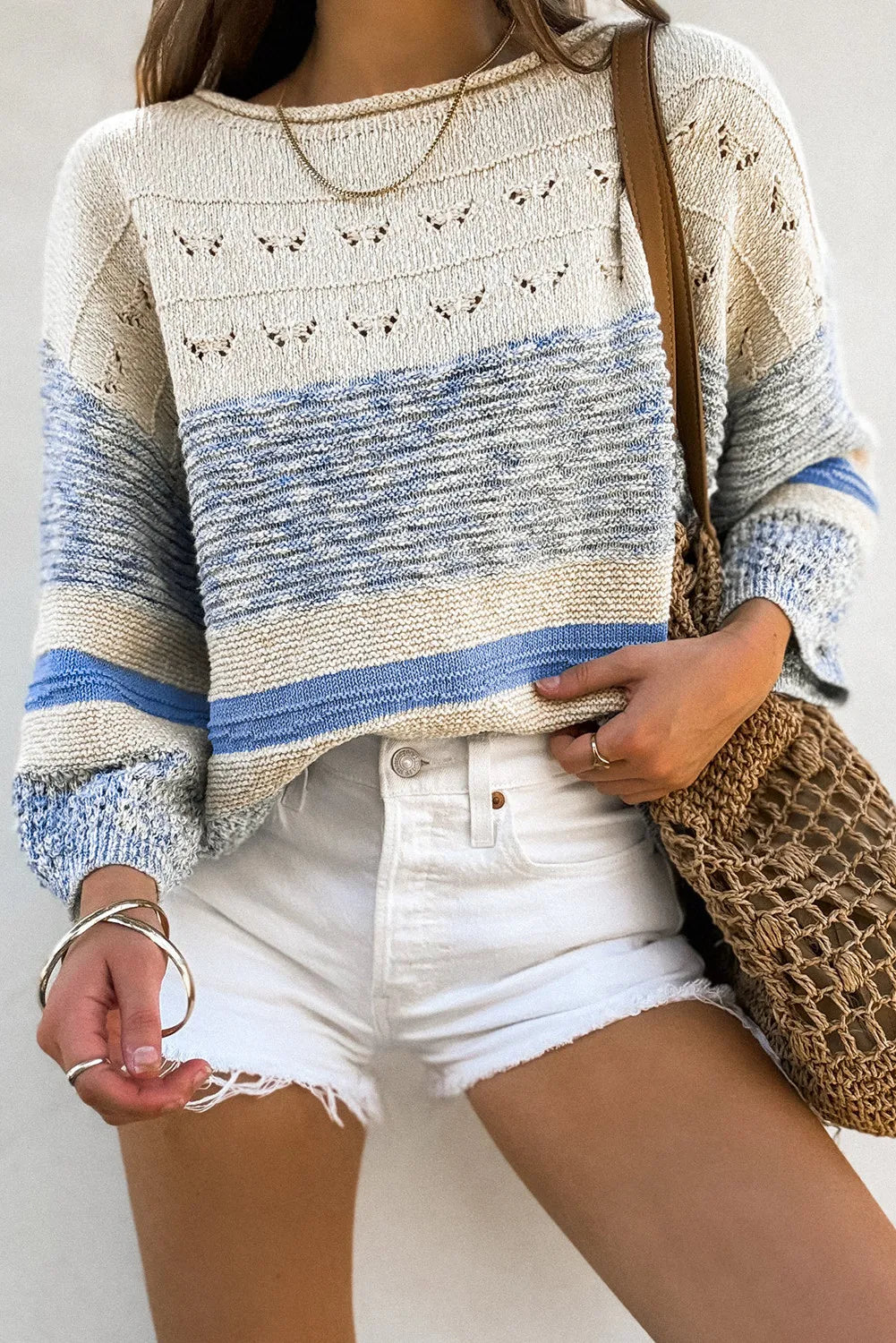 Color Block Boat Neck Long Sleeve Sweater Beige