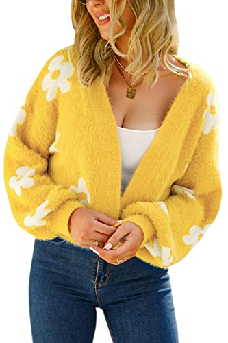 Yellow Cardigan - ECOWISH Women Floral Cropped Cardigan Fall Long Sleeve Open Front Fuzzy Daisy Print Knit Sweaters Casual Y2k Outerwear