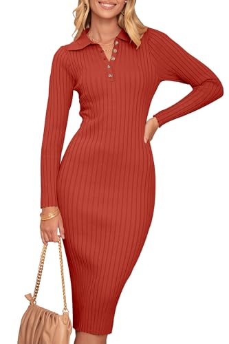 Christmas Green Dress - MEROKEETY Womens 2024 V Neck Ribbed Sweater Dress Long Sleeve Bodycon Knit Midi Dresses Red Orange