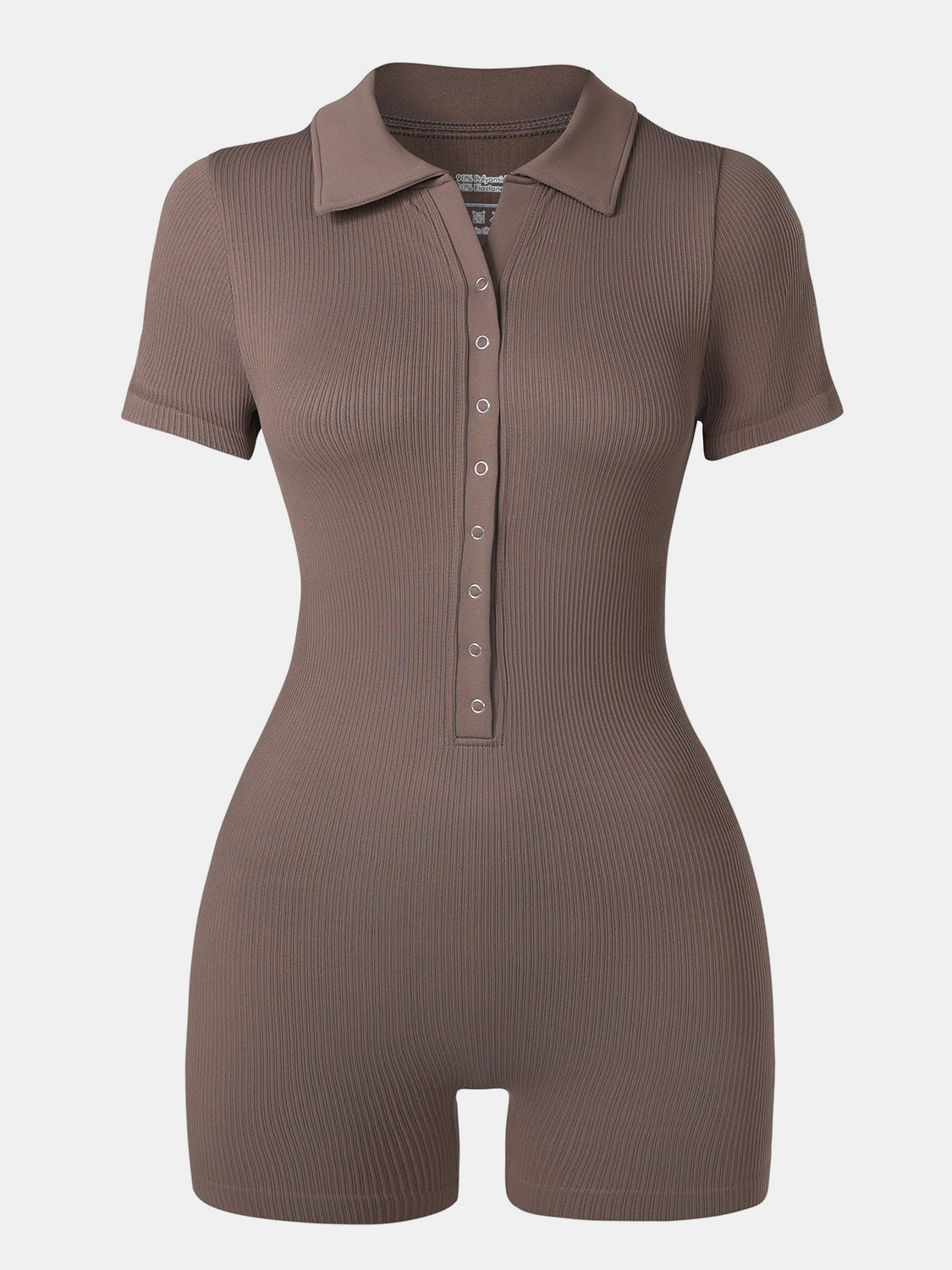 Collared Neck Short Sleeve Active Romper Taupe