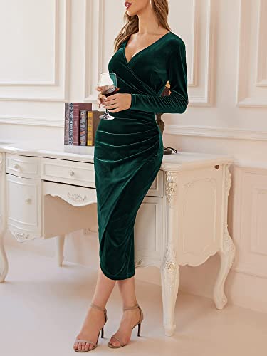 Christmas Party Dress - DIRASS Womens Elegant Velvet Long Sleeve Wrap V Neck Ruched Bodycon Cocktail Party Maxi Dress