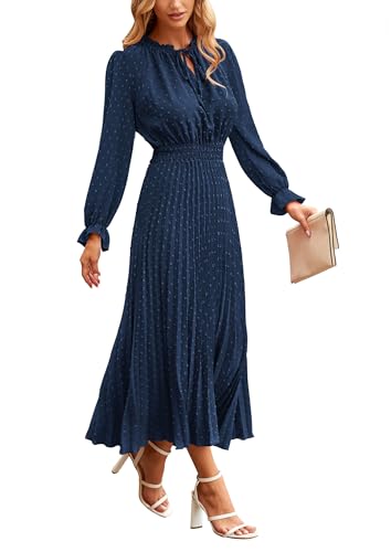 PRETTYGARDEN Womens 2024 Fall Midi Dress Casual Long Sleeve V Neck Swiss Dot Pleated A Line Flowy Dresses Dark Blue