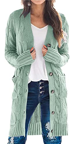 Yellow Cardigan - PRETTYGARDEN Long Sleeve Cable Knit Long Cardigan for Women 2024 Fall Winter Chunky Open Front Button Sweaters with Pockets Bean Green