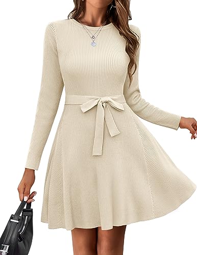 HOTOUCH Womens Fall Winter Casual Dress Crewneck Long Sleeve ALine Sweater Dress Bodycon Ribbed Knit Dress with Belt Apricot