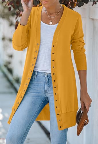 Yellow Cardigan - MEROKEETY Womens 2024 Fall Long Sleeve Snap Button Down Solid Color Knit Ribbed Neckline Cardigans