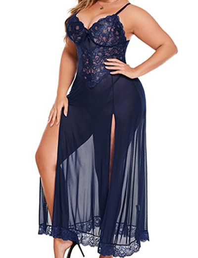 Valentine's Day - Plus Size Lingerie For Women Babydoll Sexy Mesh Maxi Nightdress Strappy Exotic Sleepwear Side Slits Navy Blue