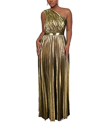 Radiant Metallic Gown - AOMEI Women's Luxury Metallic One Shoulder Sleeveless Elegant Pleated Long Dress