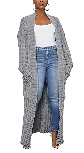 Long Sweaters for Women Cardigan Open Front Long Sleeve Plus Size Chunky Cable Knit Duster Cardigans with Pockets Winter Coat Grey