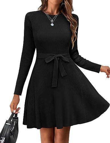 HOTOUCH Womens Fall Winter Casual Dress Crewneck Long Sleeve ALine Sweater Dress Bodycon Ribbed Knit Dress with Belt Black