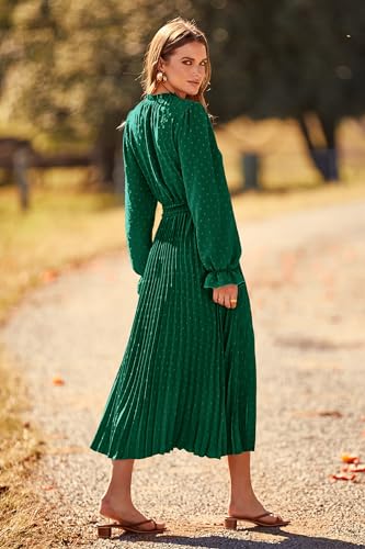 PRETTYGARDEN Womens 2024 Fall Midi Dress Casual Long Sleeve V Neck Swiss Dot Pleated A Line Flowy Dresses