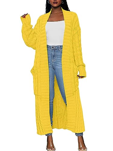 Yellow Cardigan - Caracilia Womens Long Cardigan Sweaters 2024 Fall Open Front Coat Long Sleeve Cable Knit Maxi Outerwear Trendy Jacket Clothes