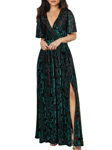 Christmas Green Dress - BerryGo Womens Velvet V Neck Wrap Semi Formal Dress Cocktail Party Maxi Dress for Wedding Guest Y-velvet-floral Print-emerald Green(faux Wrap)