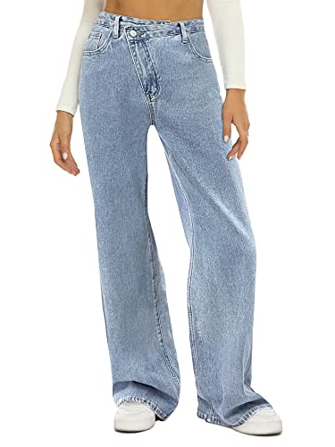 Rfm Jeans - HDLTE Women Wide Leg Jeans High Waist Baggy Jeans Loose Boyfriend Jeans Denim Pants Y2K Crossover Blue