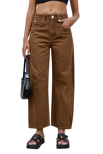 Rfm Jeans - Mid Rise Barrel Jeans for Women Wide Leg Mid Waist Cropped Denim Pants Y2k Baggy Boyfriend Jeans with Pockets Tea Brown