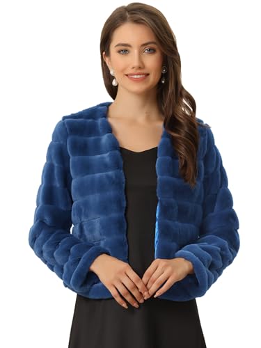 Hot Pink Fur Coat - Allegra K Womens Winter Warm Cropped Jacket Collarless Faux Fur Fluffy Coat Royal Blue