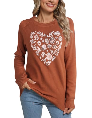 Heart Shirt - shermie Womens Pullover Sweaters Long Sleeve Crew Neck Cute Heart Knitted Casual Sweater H 156 Brown