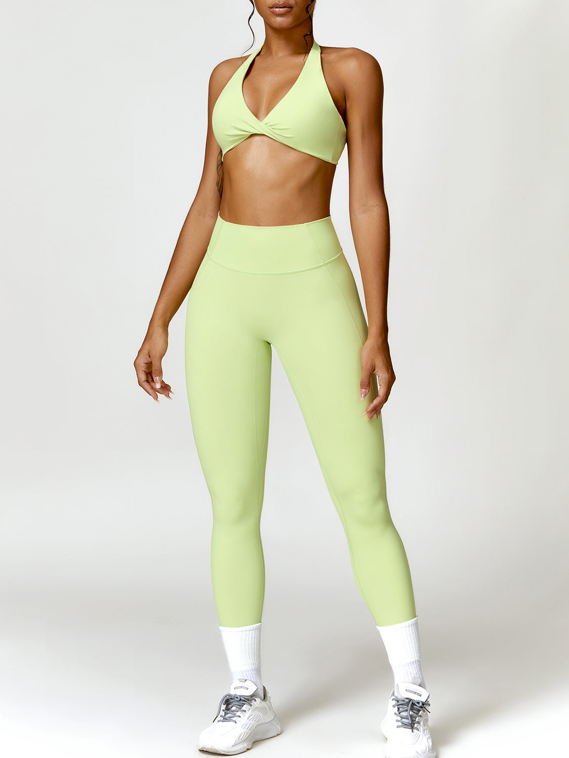 Twisted Halter Neck Bra and High Waist Leggings Active Set Yellow-Green