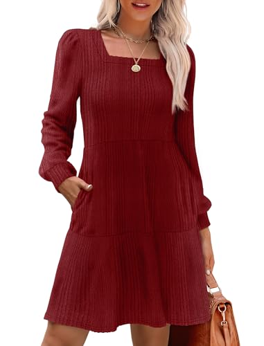 Christmas Green Dress - SAMPEEL Womens Square Neck Long Sleeve Fall Dresses Casual Babydoll Sweater Dress Burgundy