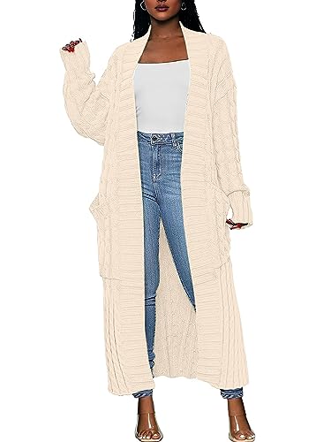 Yellow Cardigan - Caracilia Womens Long Cardigan Sweaters 2024 Fall Open Front Coat Long Sleeve Cable Knit Maxi Outerwear Trendy Jacket Clothes Beige Small