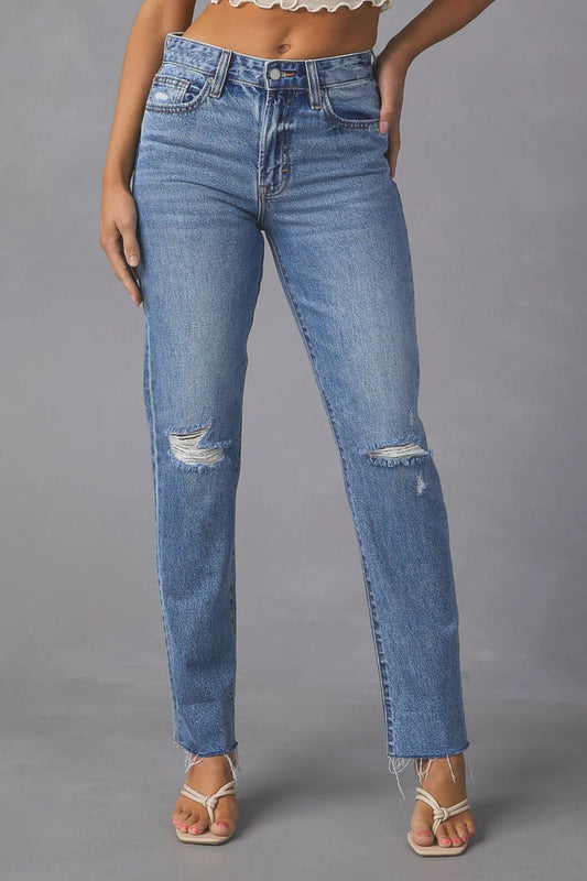 Distressed Raw Hem Straight Jeans with Pockets Medium