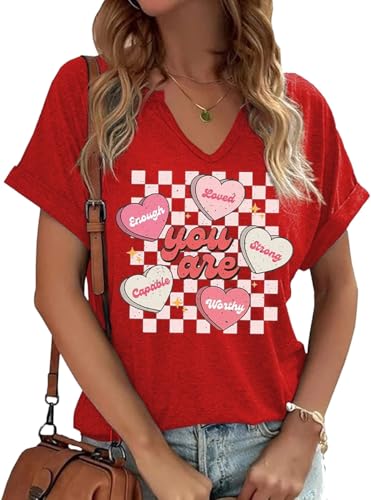 Heart Shirt - Earlymemb Womens Lover Heart Graphic V Neck Shirt Valentines Day Funny Couple Matching Casual Short Sleeve Gift Tee Tops A-red-8