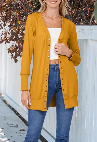 Yellow Cardigan - MEROKEETY Womens 2024 Fall Long Sleeve Snap Button Down Solid Color Knit Ribbed Neckline Cardigans