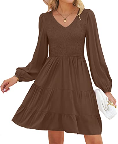 ZESICA Womens Casual V Neck Long Sleeve Smocked High Waist Ruffle A Line Tiered Mini Dress Coffee