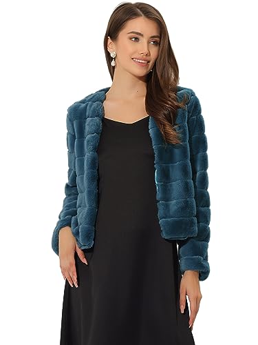 Hot Pink Fur Coat - Allegra K Womens Winter Warm Cropped Jacket Collarless Faux Fur Fluffy Coat Dark Grey Blue