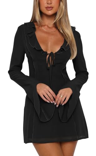 Mariah Carey Red Mini Dress - Women's Sexy Long Flare Sleeve Chiffon Ruffle Deep Tie V Neck Bodycon Mini Party Dress Black