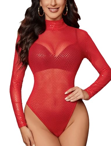 Heart Shirt - Avidlove Long Sleeve Bodysuit for Women Turtleneck Sheer Mesh Bodysuit Geo Print Leotards Red Sequin