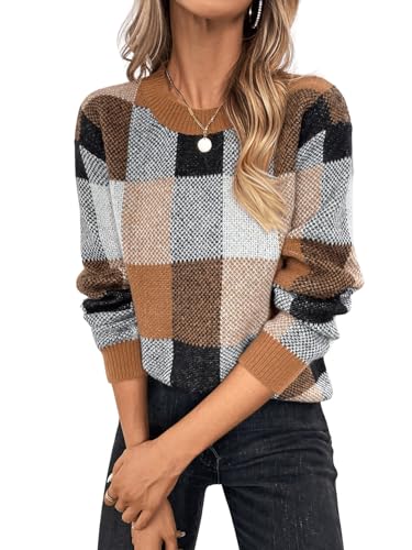 Orange and White Checkered Sweater - GORGLITTER Womens Argyle Checkered Sweater Plaid Long Sleeve Fall Knit Sweater Pullover Tops Multicolor