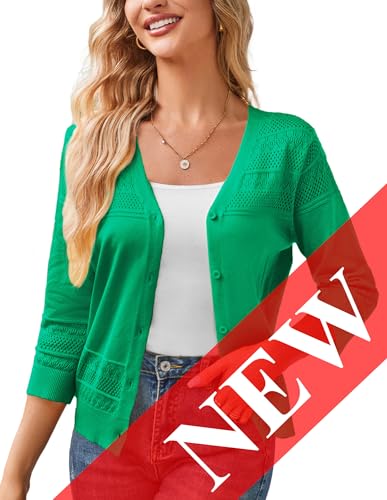 GRACE KARIN Womens 2024 Cropped Cardigan 34 Sleeve Lightweight Crochet Shrug HollowedOut Knit Sweater Tops Dark Green