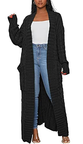 Long Sweaters for Women Cardigan Open Front Long Sleeve Plus Size Chunky Cable Knit Duster Cardigans with Pockets Winter Coat Black