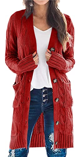 Yellow Cardigan - PRETTYGARDEN Long Sleeve Cable Knit Long Cardigan for Women 2024 Fall Winter Chunky Open Front Button Sweaters with Pockets Rust Red