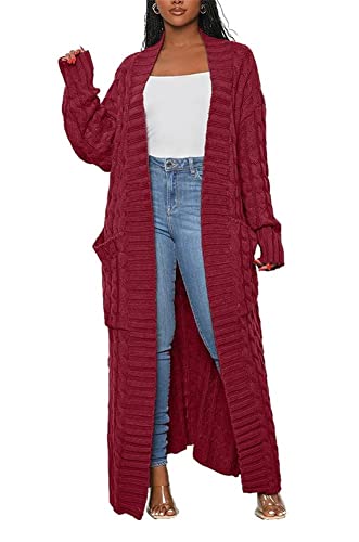 Long Sweaters for Women Cardigan Open Front Long Sleeve Plus Size Chunky Cable Knit Duster Cardigans with Pockets Winter Coat Burgundy