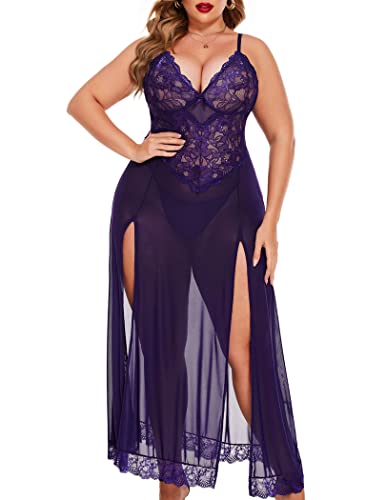 Valentine's Day - Plus Size Lingerie For Women Babydoll Sexy Mesh Maxi Nightdress Strappy Exotic Sleepwear Side Slits Purple