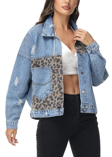 Leopard Print Denim Jacket - AnnaKaci Women Long Sleeve Button Down Leopard Print Crop Denim Jacket Ripped Distressed Boyfriend Outerwear