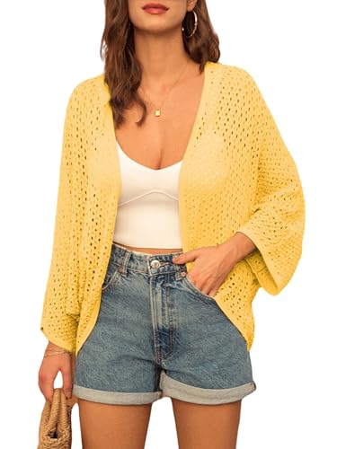 GRACE KARIN Open Front 34 Sleeve Batwing Cardigan for Women Lightweight Crochet Summer Cardigan HollowOut Cover Ups Yellow