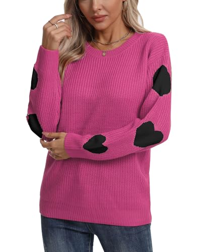 Heart Shirt - shermie Womens Cute Heart Pattern Elbow Patchwork Knitted Sweaters Long Sleeve Crew Neck Casual Pullover U-rose Red