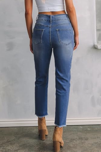 Rfm Jeans - Sidefeel Womens High Waisted Jeans Strechy Raw Hem Straight Leg Denim Pants with Pockets