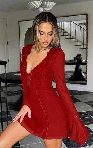 Mariah Carey Red Mini Dress - Women's Sexy Long Flare Sleeve Chiffon Ruffle Deep Tie V Neck Bodycon Mini Party Dress