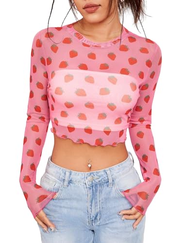 Heart Shirt - Floerns Womens Heart Print Sheer See Through Crewneck Long Sleeve Crop Tee Shirts Pink Strawberry