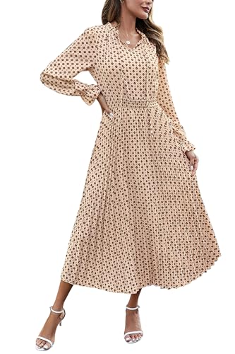 PRETTYGARDEN Womens 2024 Fall Midi Dress Casual Long Sleeve V Neck Swiss Dot Pleated A Line Flowy Dresses Apricot Brown Floral