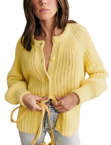 Bianstore Womens Casual Long Sleeve Crewneck Button Down Cardigan Sweater Knit Outwear Yellow