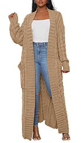 Long Sweaters for Women Cardigan Open Front Long Sleeve Plus Size Chunky Cable Knit Duster Cardigans with Pockets Winter Coat Khaki